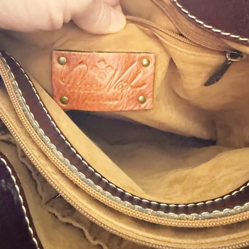 Patricia Nash Lavello Cut Out Tooled Brown Leather‎ Crossbody Bucket Bag